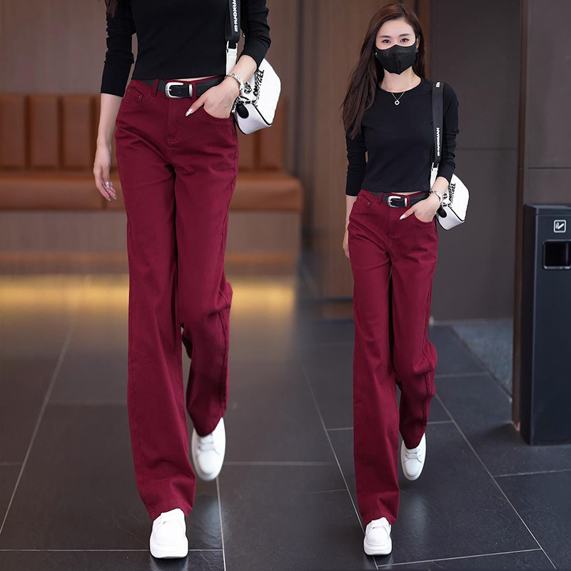 Red Casual High Waist Denim Narrow Pants for Women 2023 Autumn New Slimming Loose Spring and Autumn Narrow Wide Leg Pants