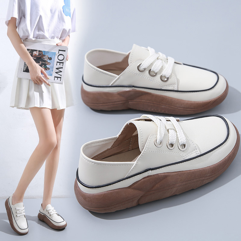 小白鞋女2024春季新款厚底舒适系带休闲两穿踩脚百搭单女鞋cr607