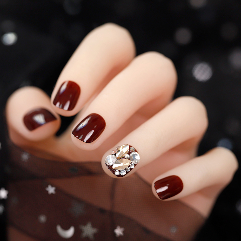 透明车厘子红浅香槟色短款水钻穿戴甲片美甲贴片可拆卸假指甲成品