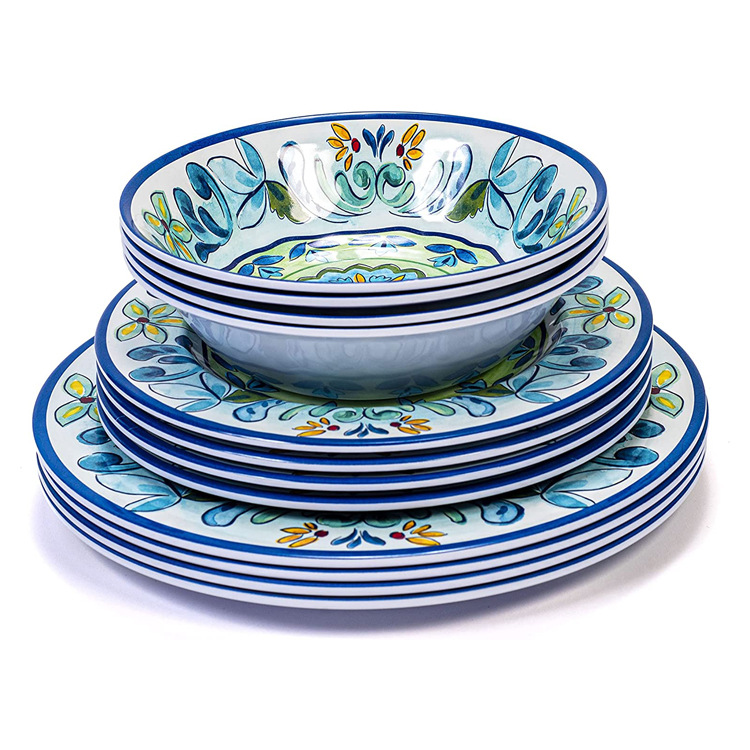Hot Sale Color Melamine 12-Piece Set Suit Melamine Tableware Food Tray Bowl Food Grade Dishwasher Safe