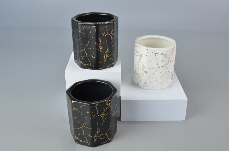 八角哑光黑白陶瓷蜡烛杯异型菱形贴金花纸大理石纹香薰灌蜡空杯