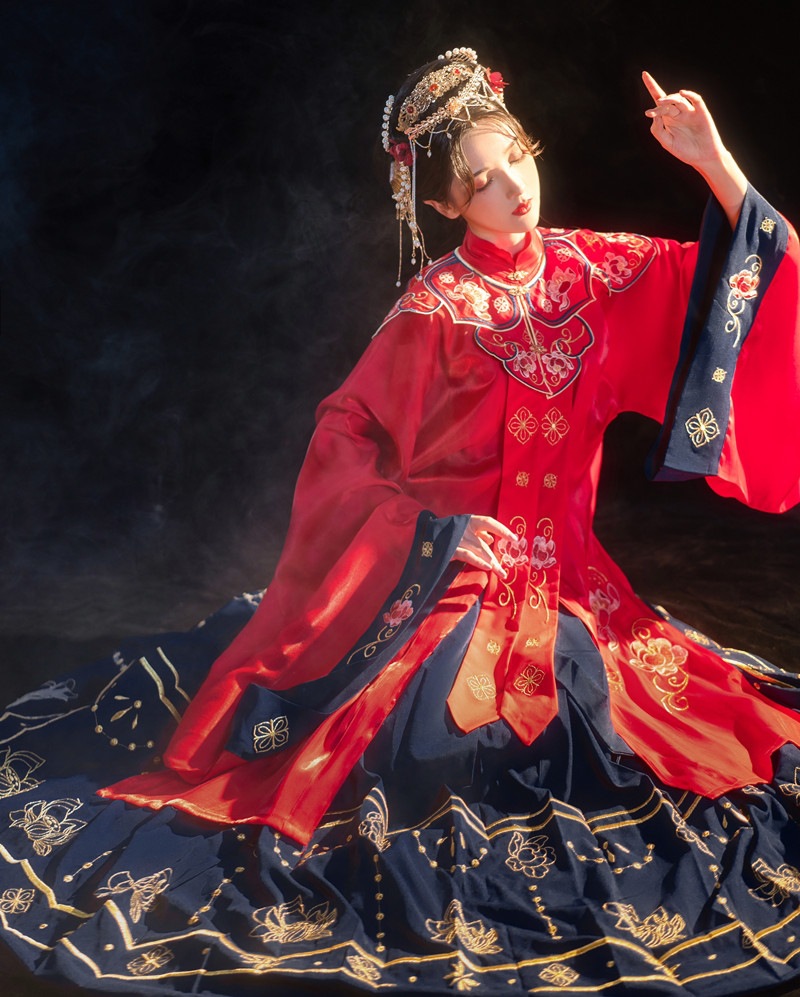 汉服女明制对襟立领长袄 绣花云肩红色婚服套装明制秋冬-阿里巴巴