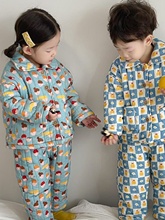 儿童家居服三层夹棉卡通保暖男女童睡衣加绒加厚宝宝冬款两件套潮