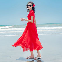 夏季新款雪纺连衣裙海南三亚海边度假大摆长裙显瘦短袖沙滩裙超仙