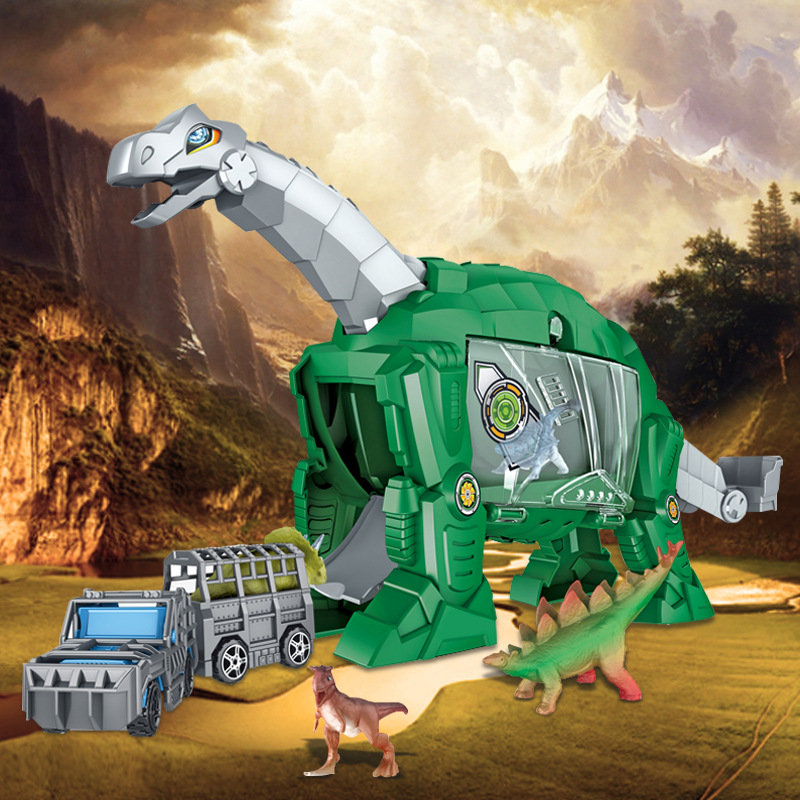 儿童机械恐龙玩具电动腕龙音效收纳模型汽车货柜车男孩礼物跨境