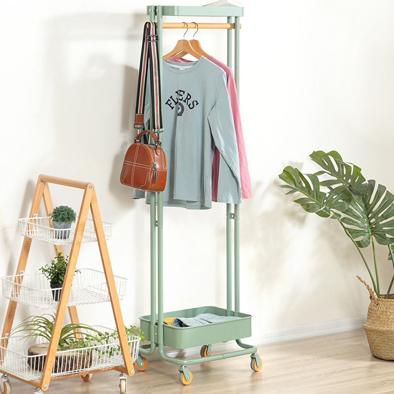 日式金属挂衣架立式带滑轮可移动衣帽架落地家用卧室衣服收纳衣架