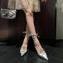 银色法式尖头芭蕾舞鞋2023秋季新小众星星设计脚腕绑带低跟单鞋女