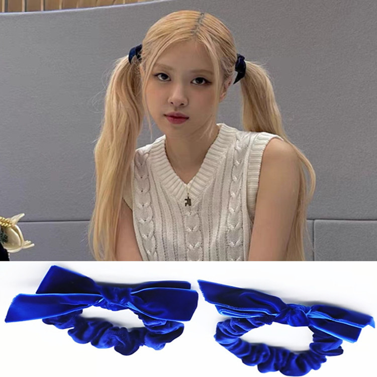 rose朴彩英同款深宝蓝色蝴蝶结发夹对夹双马尾发绳blackpink发饰
