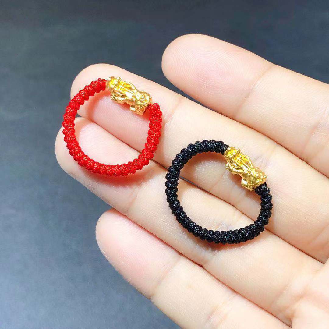 黄金转运珠貔貅戒指男女 3d硬金情侣貔恘纯足金999本命年红绳貔貅