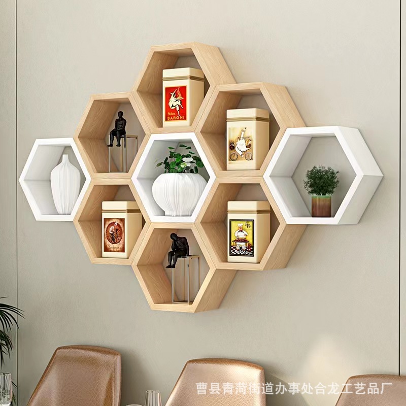 Wooden Hexagonal Honeycomb Shelf Creative Wall Shelf Background Wall Decoration Partition Study Wall Hanging Bookshelf