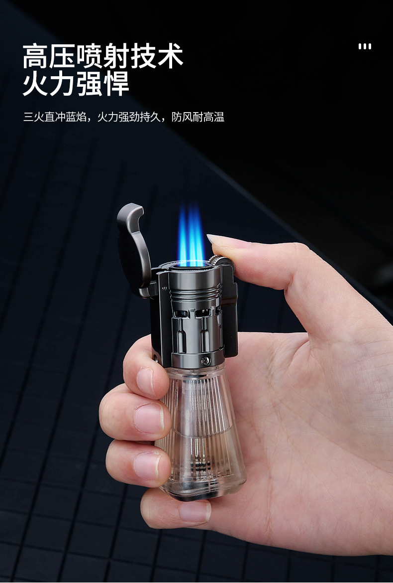 百诚新款三头直冲打火机 防风充气金属蓝焰火苗透明气箱男士烟具采购
