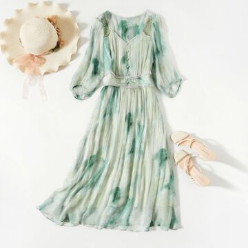 芭碧尔女装真丝裙轻奢水墨画桑蚕丝长裙优雅气质沙滩裙81061-阿里巴巴