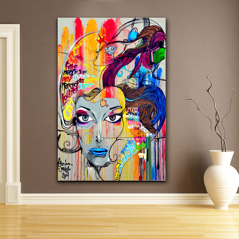 现代简约单幅彩色涂鸦女人 喷绘画 创意沙发背景墙装饰画家居挂画