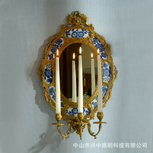 欧式陶瓷配铜椭圆形挂镜配烛台壁饰摆件美式别墅家居饰品全铜挂件