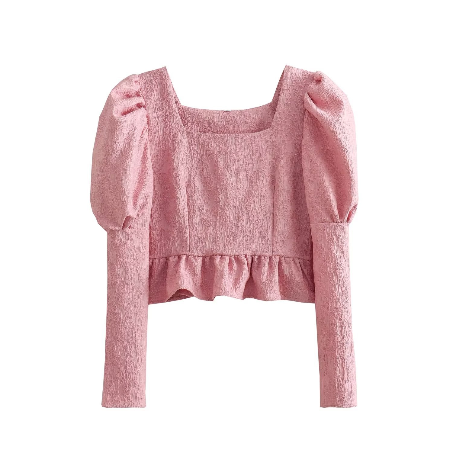 4811早秋 新款女装欧美风方领荷叶边下摆甜酷系短款衬衫-阿里巴巴