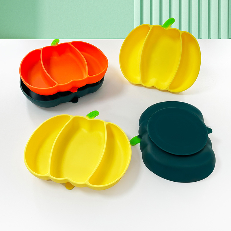Edible Silicon Children's Dinner Plate Suction Cup Baby Solid Food Bowl Pumpkin-Shaped Compartment Tray Baby Food Bowl 0825