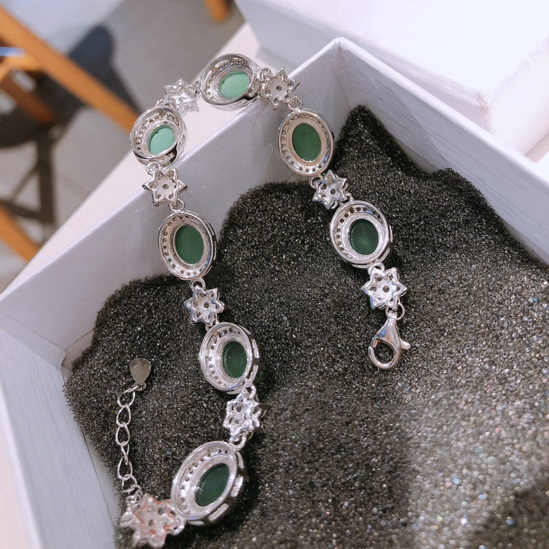 925纯银 玉髓镶石梅花手链 韩版时尚银饰品送女友闺蜜礼物