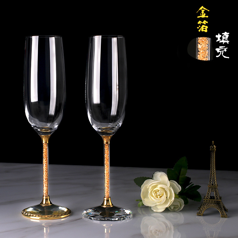 批发水晶金箔高脚香槟杯 钻石脚白葡萄酒杯 2支礼盒装 气泡酒杯子