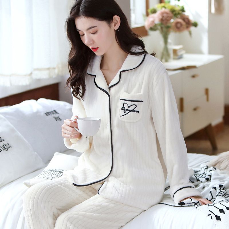 睡衣女秋冬季法兰绒加绒加厚保暖套装春秋珊瑚绒家居服可外穿冬天