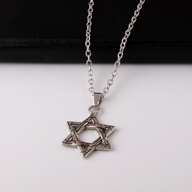 欧美时尚六芒星项链 个性复古合金项链明星同款双面纹吊坠
