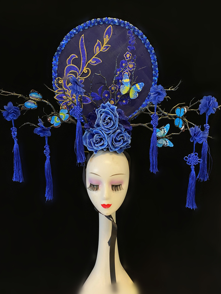 红青花瓷头饰走秀模特比赛夸张彩妆造型国潮古风旗袍发饰