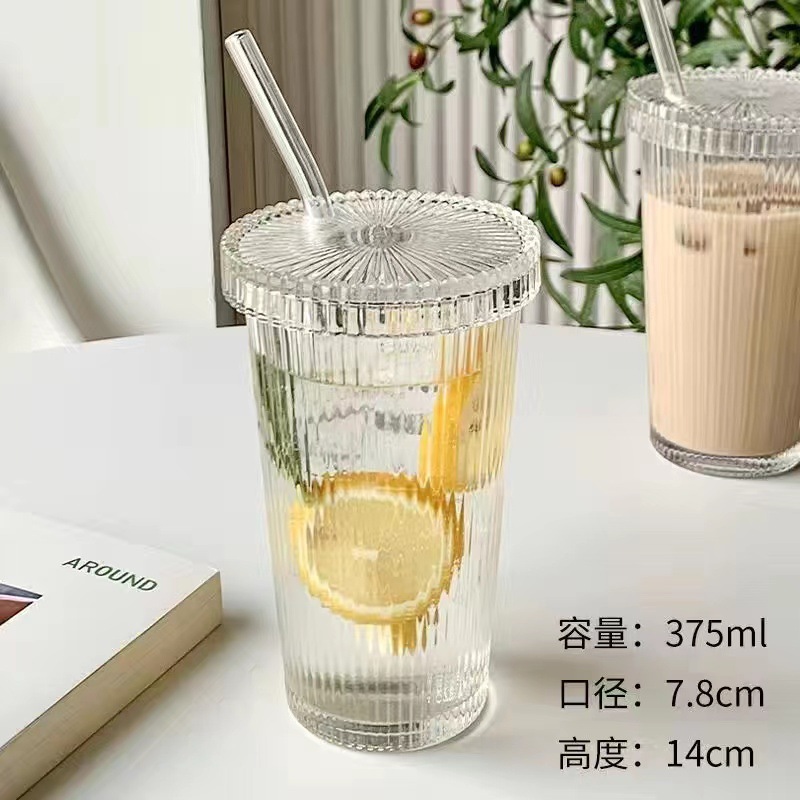 glass cup Wholesale Simple Summer with Lid Cup with Straw Good-looking Glass Water Cup Coffee Cup Cold Drink Fruit Drink Cup Ins