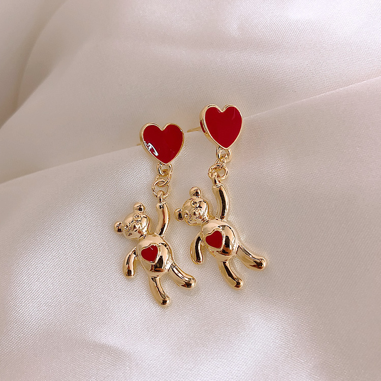 s925 sterling silver needle cute bear earrings elegant red peach heart earrings korean new fashion internet celebrity earrings