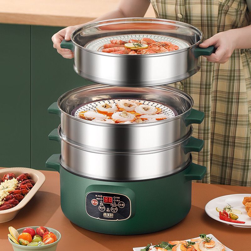 三层蒸锅电热锅电炒锅带蒸笼家用多层电火锅宿舍蒸煮炒一体锅代货
