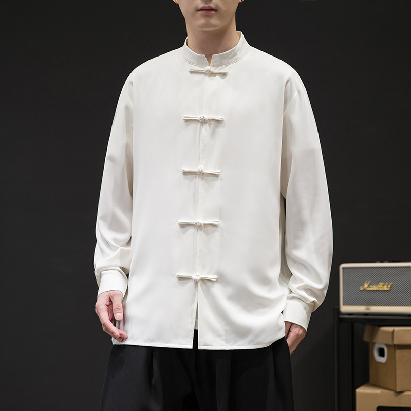 唐装男春秋款中国风男装古风宽松盘扣青年中山装新中式长袖衬衫潮
