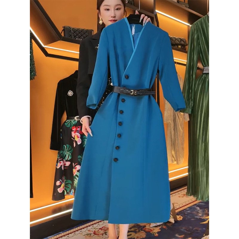 小香风洋装女秋季2023新款高级感超好看正式场合通勤湖蓝色裙子