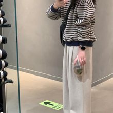 复古条纹长袖圆领卫衣女秋装2025新款宽松设计感大码休闲针织上衣