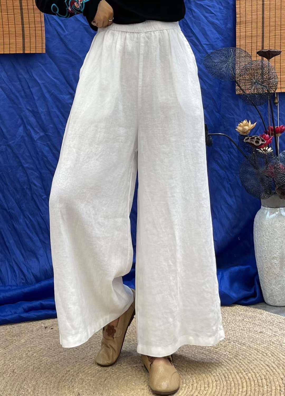 秋季新款复古苎麻长裤遮肉显瘦大摆阔腿裤松紧腰宽松净版包边裤子
