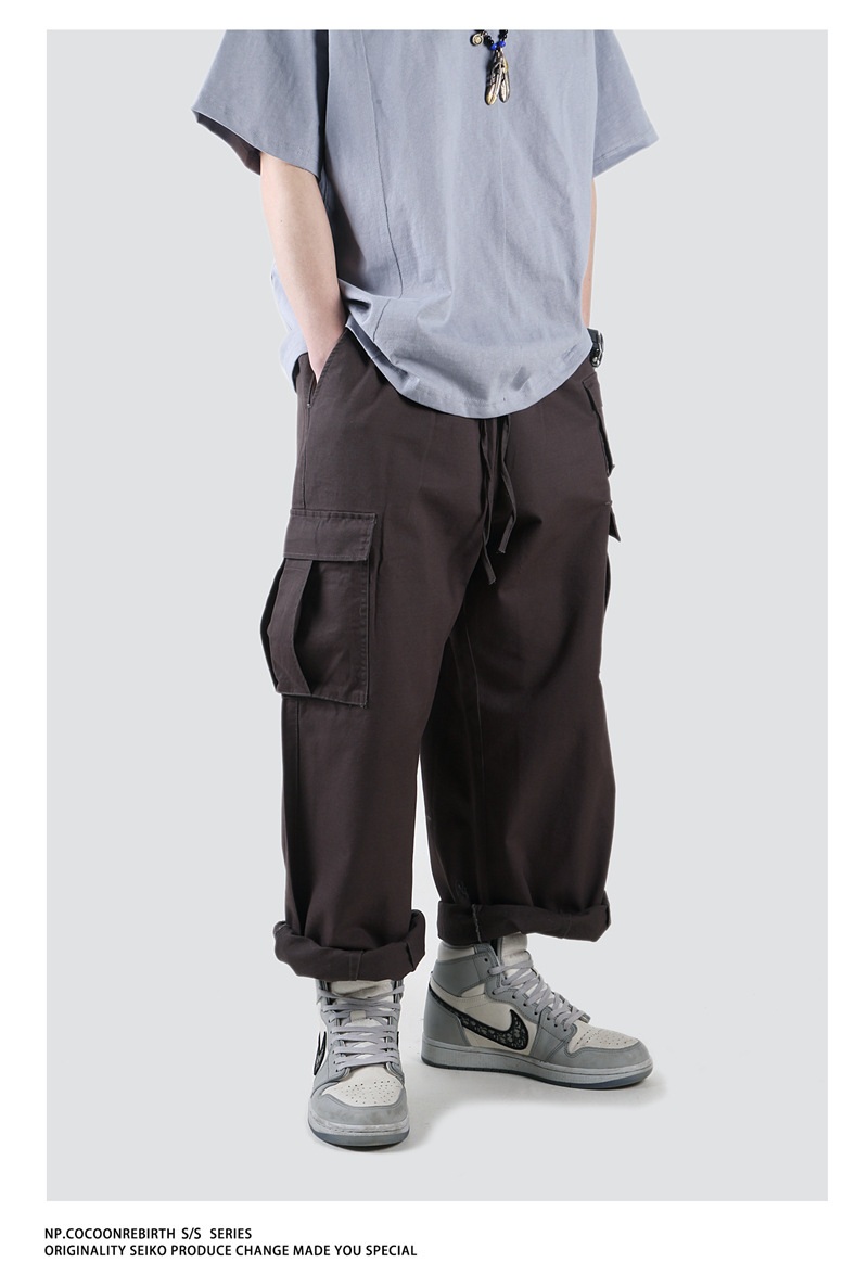 np男装春季新款阔腿宽松工装裤日系复古 多袋裤阿美咔叽老爹裤男