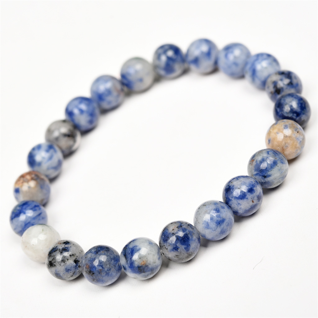 富宏珠宝 天然石白点蓝圆珠 单圈手链国产蓝纹石珠子批发跨境外贸