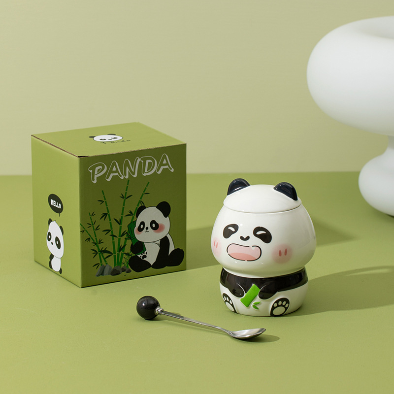 Cartoon Embossed Panda Mug Good-looking Cute Ceramic Cup with Cover Spoon Girl Couple Office Coffee Cup