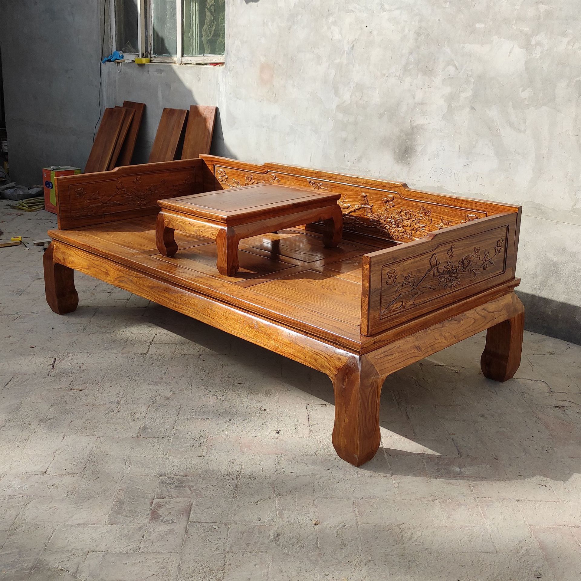 罗汉床老榆木仿古白茬雕花新中式实木沙发床复古罗汉床沙发贵妃榻