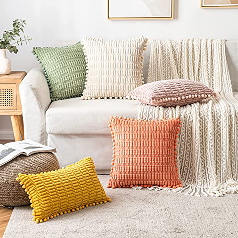 Nordic Simple Striped Corn Grain Solid Color Corduroy Fur Ball Pillow Living Room Sofa Bedroom Bed Decorative Pillow Pillow