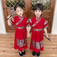 儿童古风汉服男童夏季中国女童武侠风古装国学服装红色六一演出服