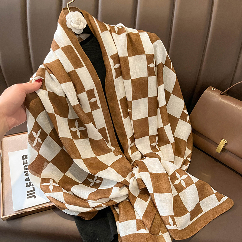 Korean Autumn and Winter New Cotton and Linen Scarf Women's Warm Stitching Plaid Scarf Versatile Talma Scarf to Give Mom