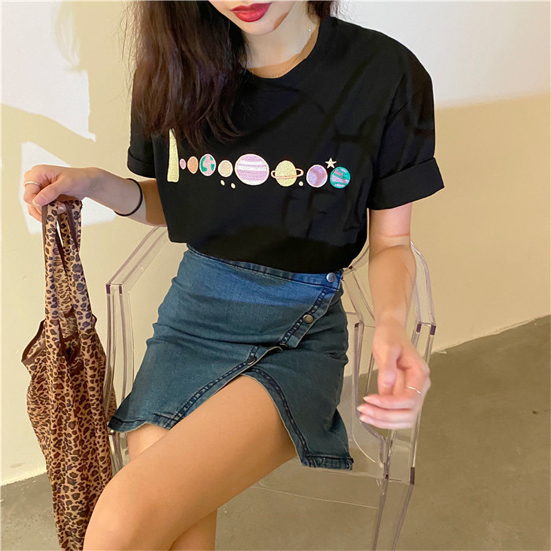 Embroidered Short-Sleeved T-shirt Women's Korean-Style Women's Clothing Supply New Loose Student Crew Neck Bottoming Shirt Top One Piece Dropshipping