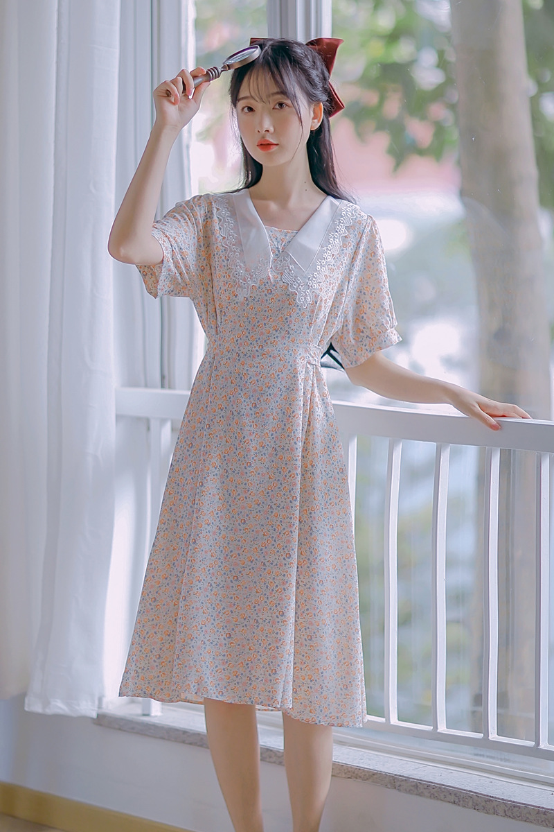 9908#不低于109现货实拍夏季甜美娃娃领过膝收腰显瘦碎花连衣裙