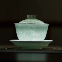 陶瓷雕刻三才盖碗个人喝茶专用功夫茶具家用泡茶碗八方聚财盖碗