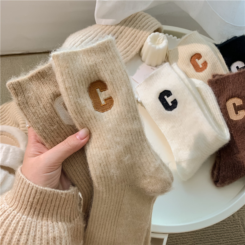 SocksWomen's Socks Autumn and Winter Mid-Calf Wool Socks Thick Warm Cashmere Socks Embroidered C Winter Pile Style Long Socks Ins Fashionable Outerwear