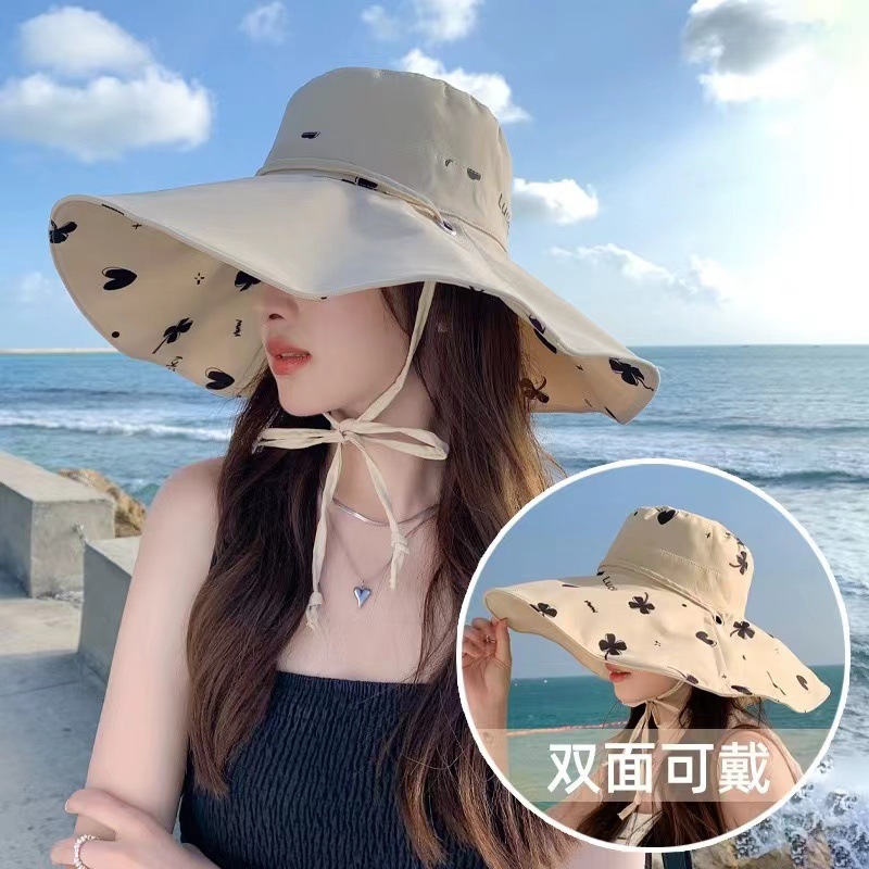 帽子女夏季韩版潮双面印花渔夫帽子百搭出游沙滩帽户外防晒遮阳帽