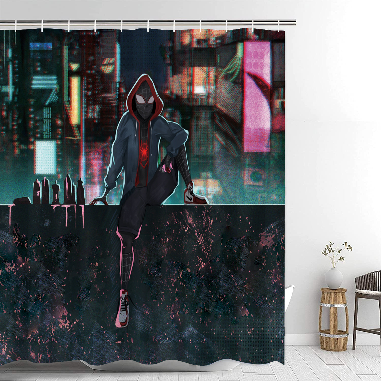 Cross-Border Miles Morales Shower Curtain Four-Piece Waterproof Shower Curtain Carpet Non-Slip Mat Toilet Mat Floor Mat Set