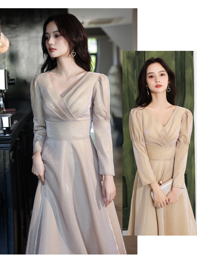 晚礼服女2022春季新款宴会气质轻奢小众香槟色长款主持人年会礼服