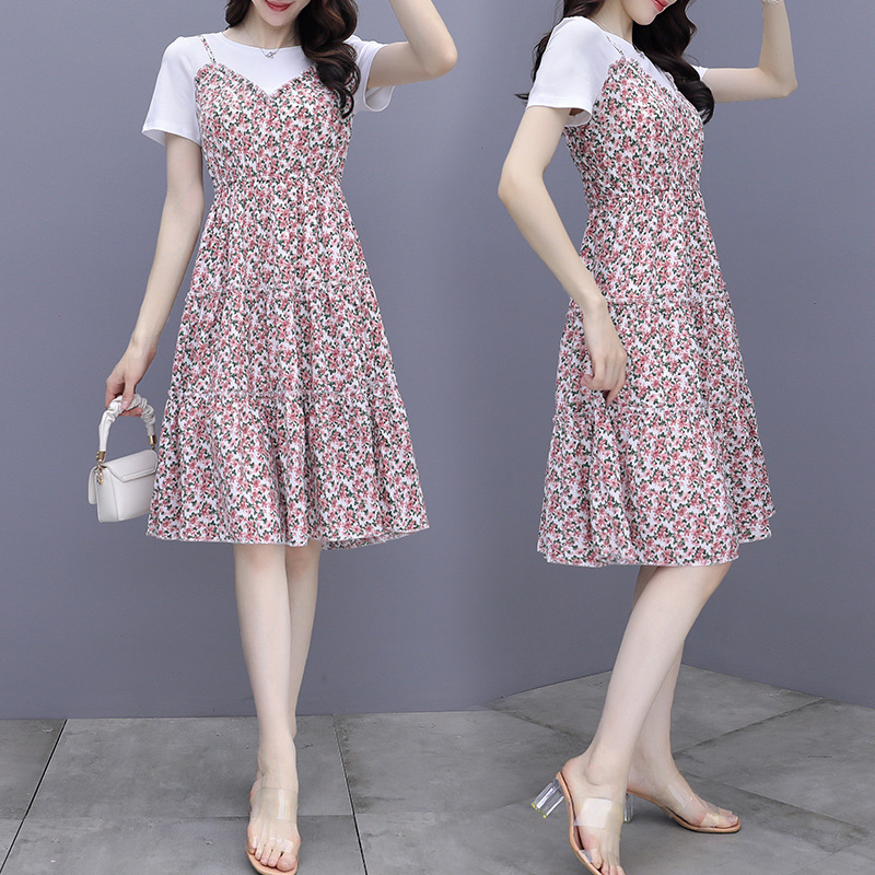 上新漂亮雪纺碎花连衣裙女2023夏季新款今年流行气质假两件套a字