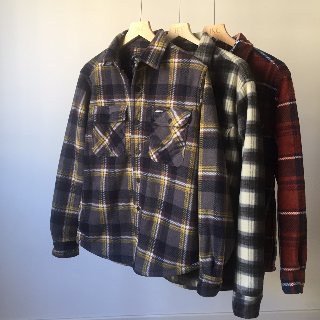 秋冬新款 欧美单羊羔绒加绒加厚法兰绒保暖格子衬衫 男士休闲男装