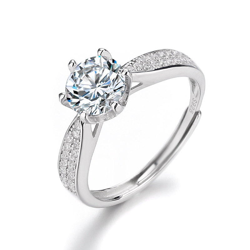 s925银50分星光皇后戒指18k白金1克拉六爪钻戒双排钻两克拉开戒指