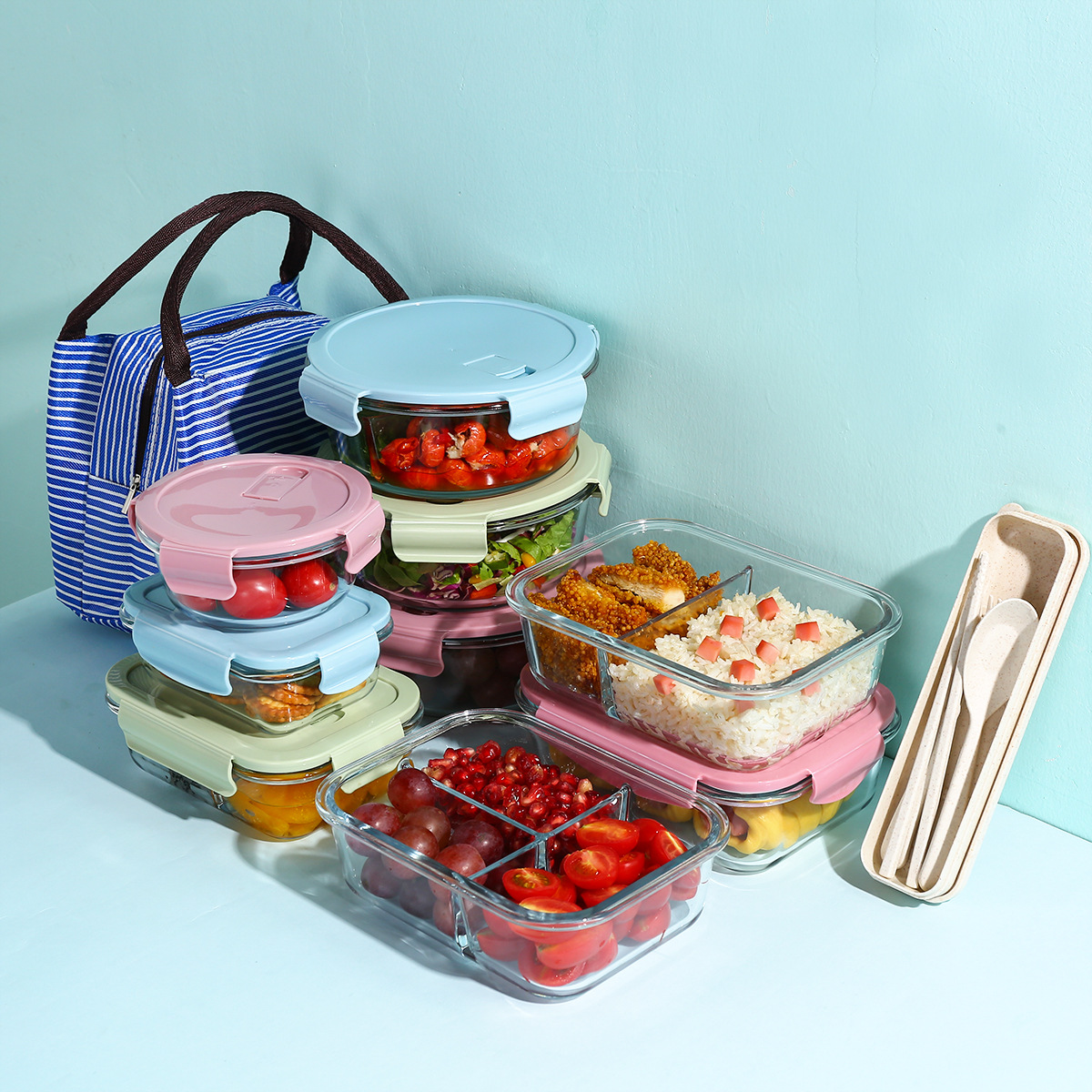 Borosilicate Heat-Resistant Glass Lunch Box with Lid Freshness Bowl Sealed Box Bento Lunch Box Microwave Oven Glass Crisper